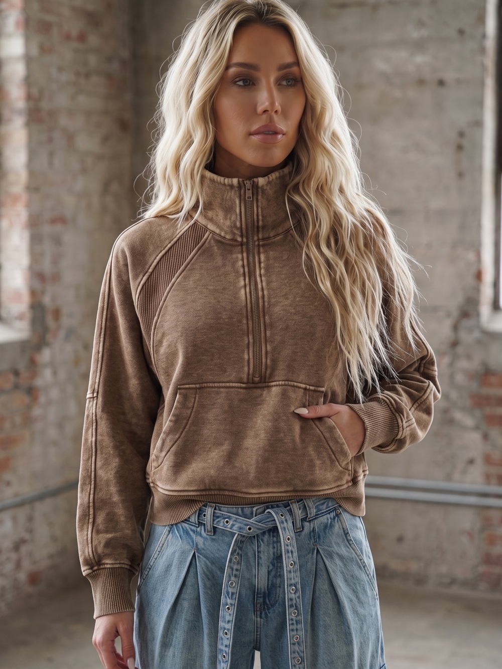 NWT Acid Washed Half Zip Fleece Pullover Kangaroo Pocket Pullover Scuba Mocha - Picture 5 of 7